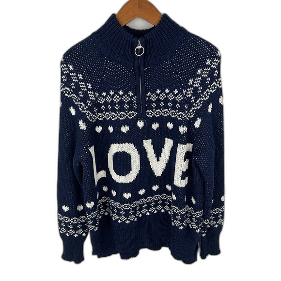 Aerie Navy Love Oversized Fairisle 1/4 Zip Pullover Size Small - Picture 3 of 15